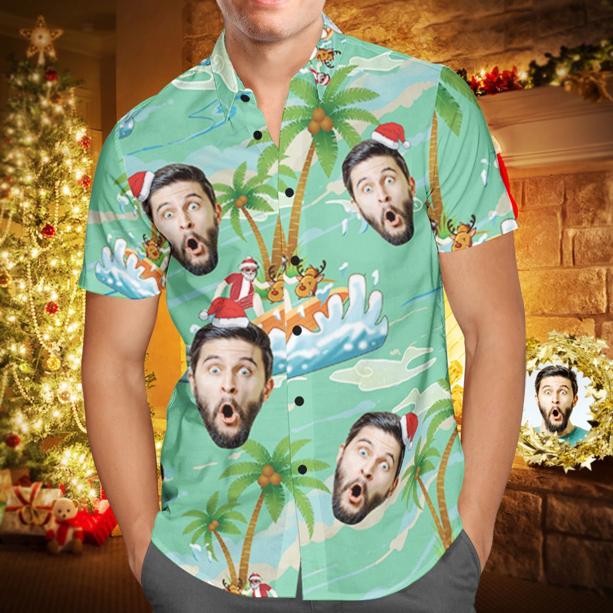 Custom Face Personalized Christmas Hawaiian Shirt Santa Claus Seaside Surf Holiday Gift - soufeelmy