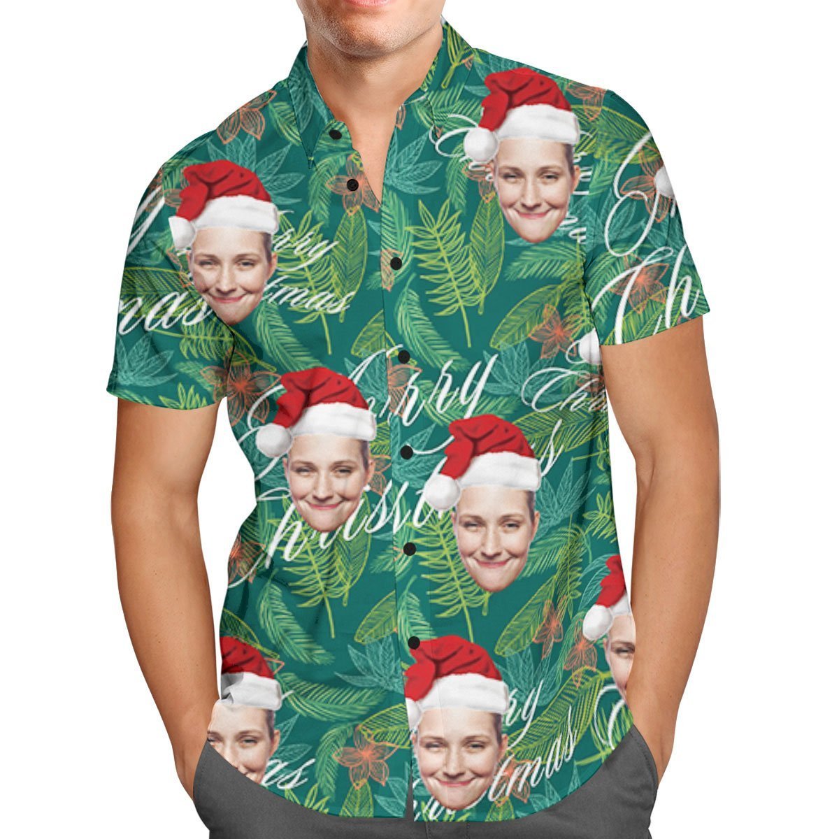 Custom Face Personalized Merry Christmas Hawaiian Shirt All Over Print Leaves - soufeelmy