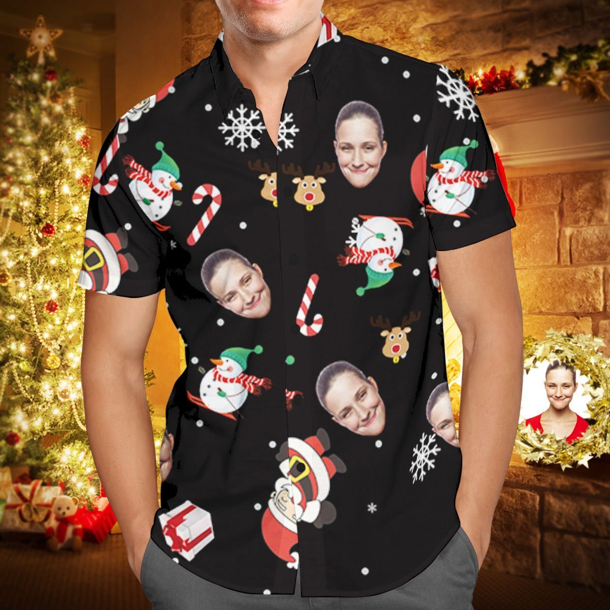 Custom Face Personalized Christmas Hawaiian Shirt Snowman Skiing Candy Cane Holiday Gifts - soufeelmy