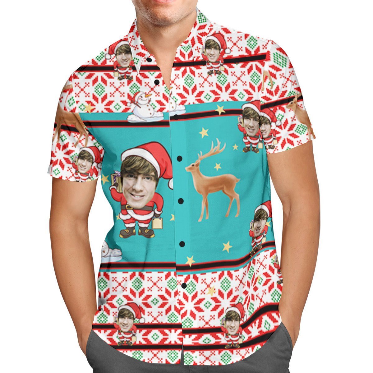 Custom Face Personalized Christmas Hawaiian Shirt Santa Claus and Reindeer - soufeelmy