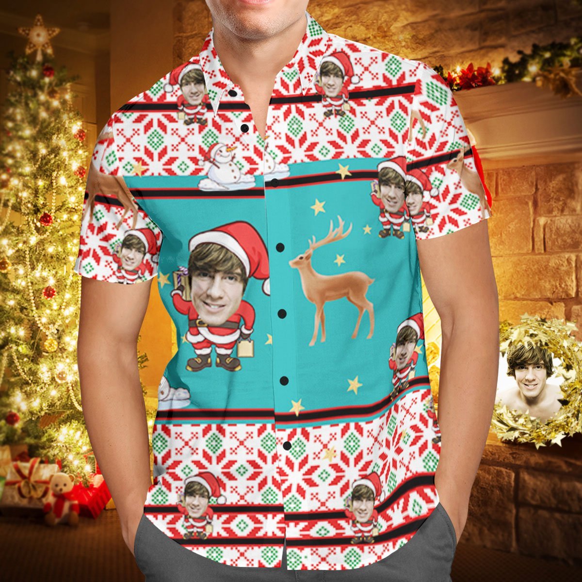 Custom Face Personalized Christmas Hawaiian Shirt Santa Claus and Reindeer - soufeelmy