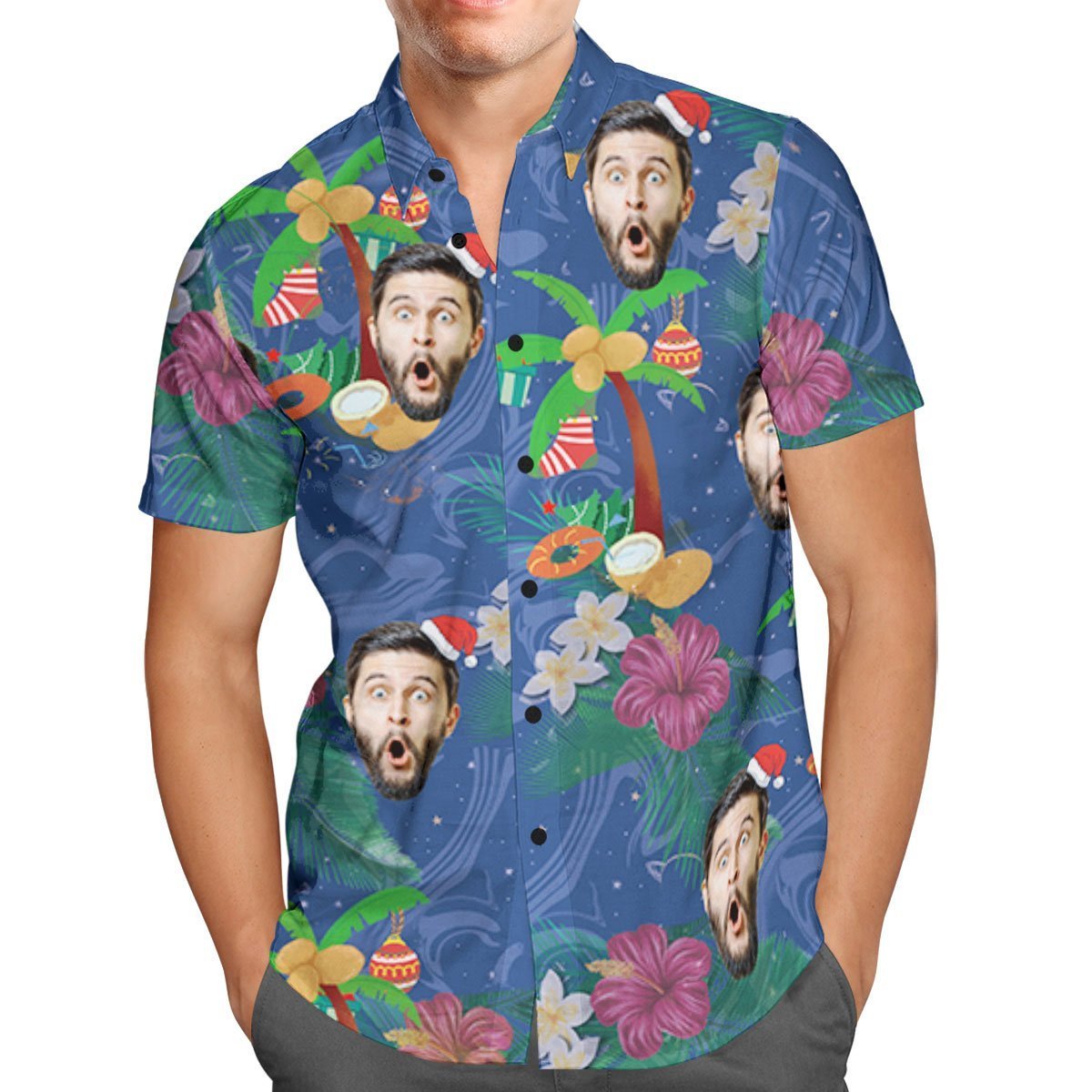 Custom Face Personalized Christmas Hawaiian Shirt Coconut Tree - soufeelmy