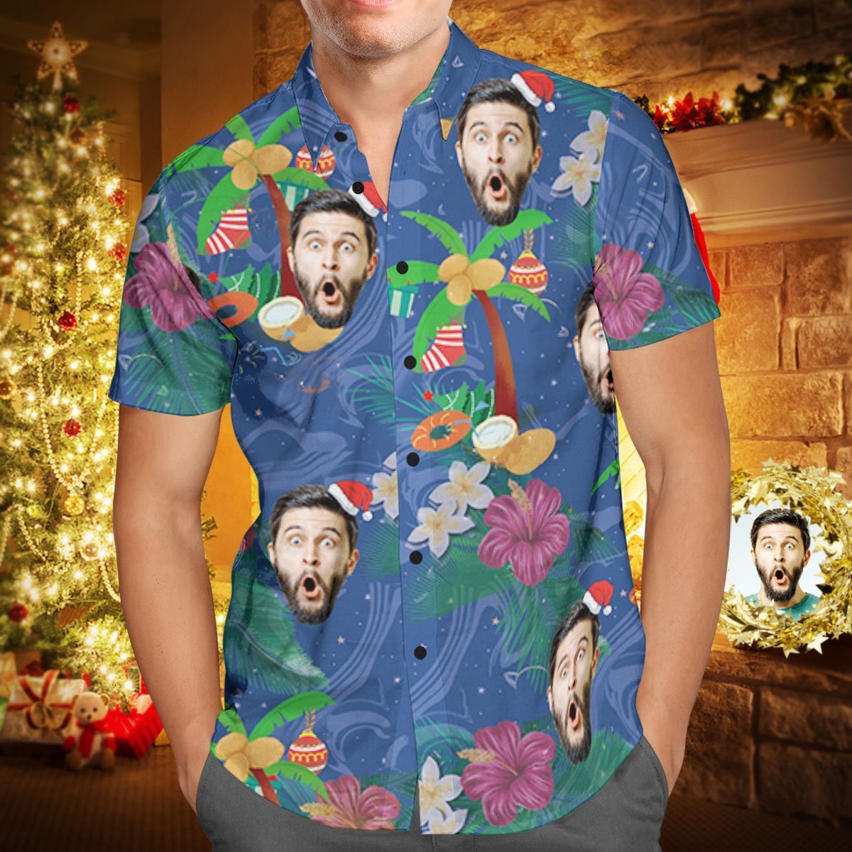 Custom Face Personalized Christmas Hawaiian Shirt Coconut Tree - soufeelmy