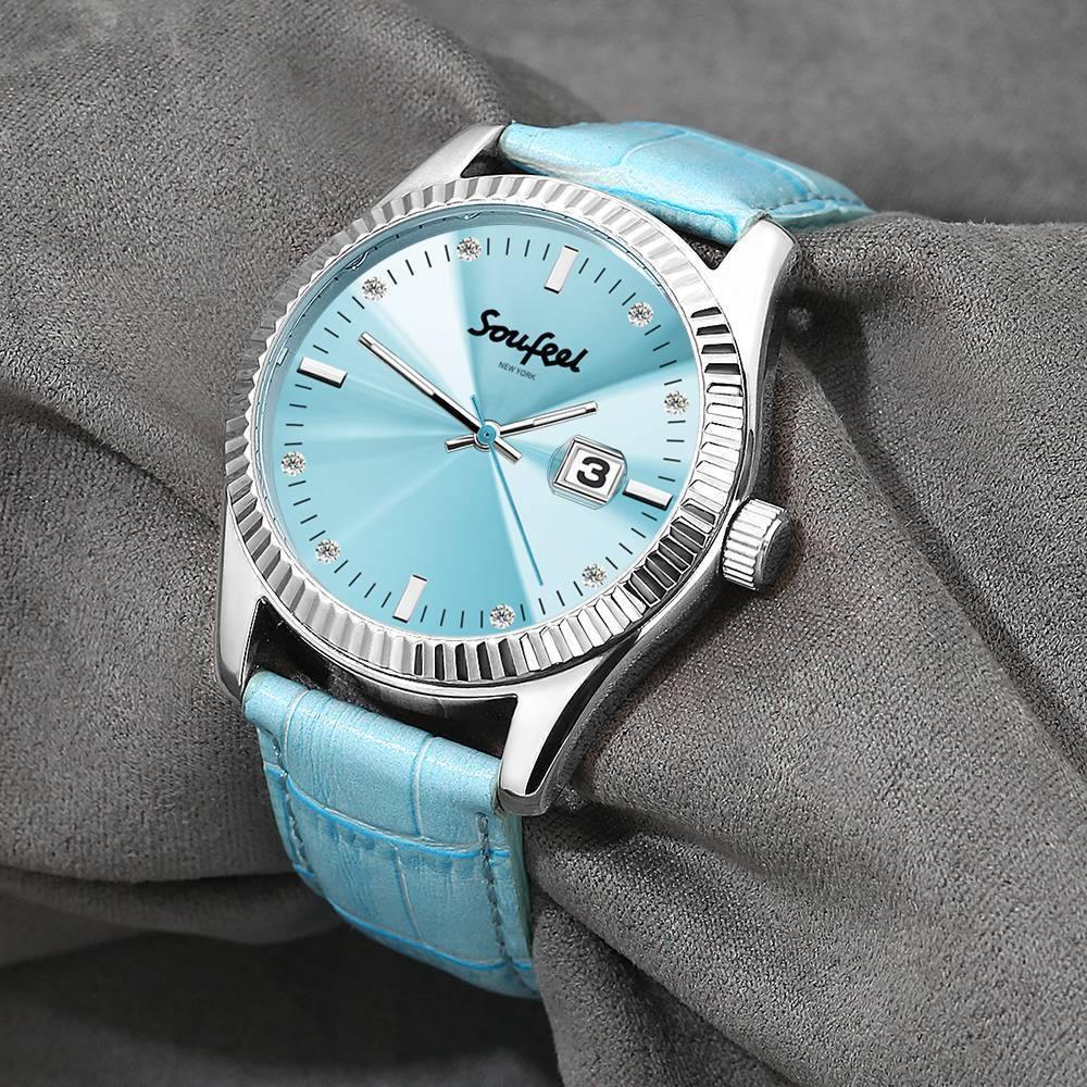 Soufeel Women's Swarovski Crystal Watch Light Blue Leather Strap 38.5mm - soufeelus