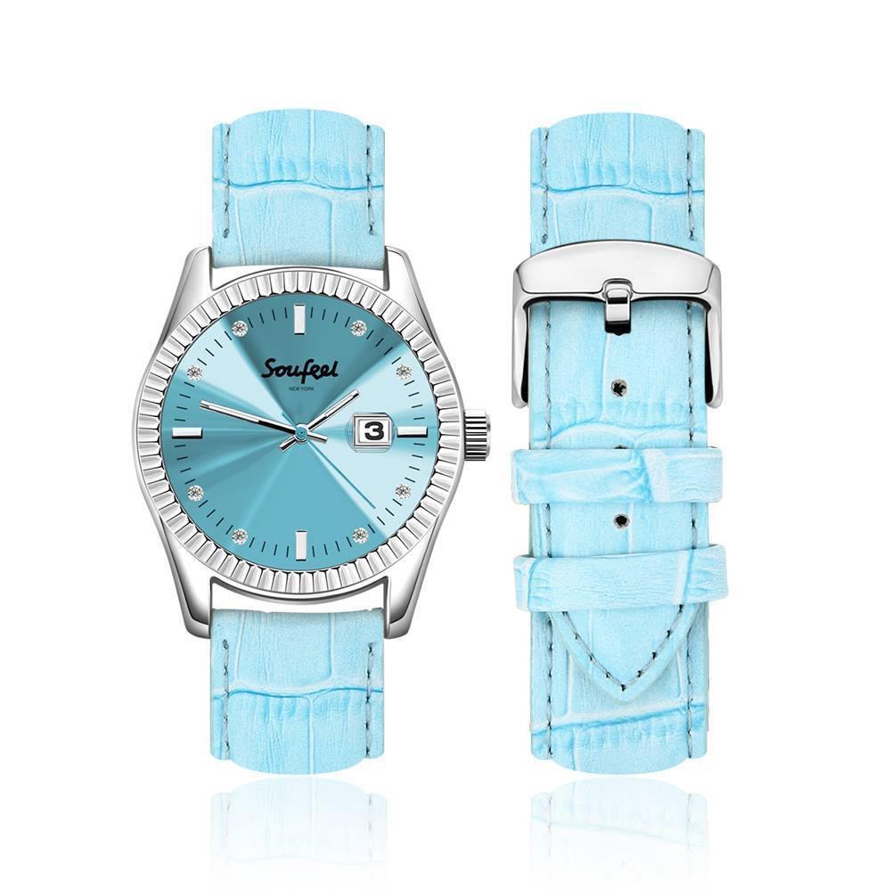 Soufeel Women's Swarovski Crystal Watch Light Blue Leather Strap 38.5mm - soufeelus