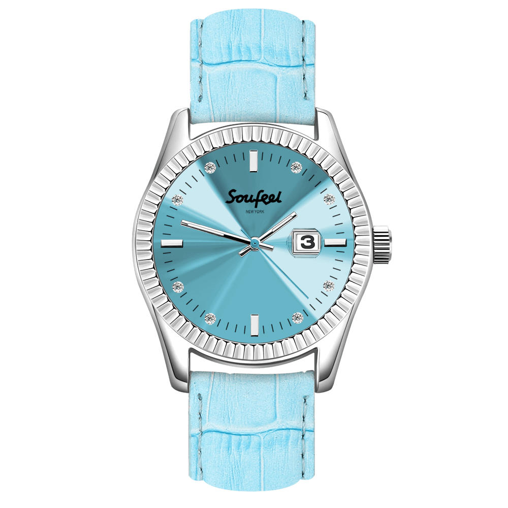 Soufeel Women's Swarovski Crystal Watch Light Blue Leather Strap 38.5mm - soufeelus