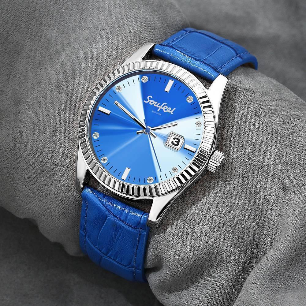 Soufeel Women's Swarovski Crystal Watch Blue Leather Strap 38.5mm - soufeelus
