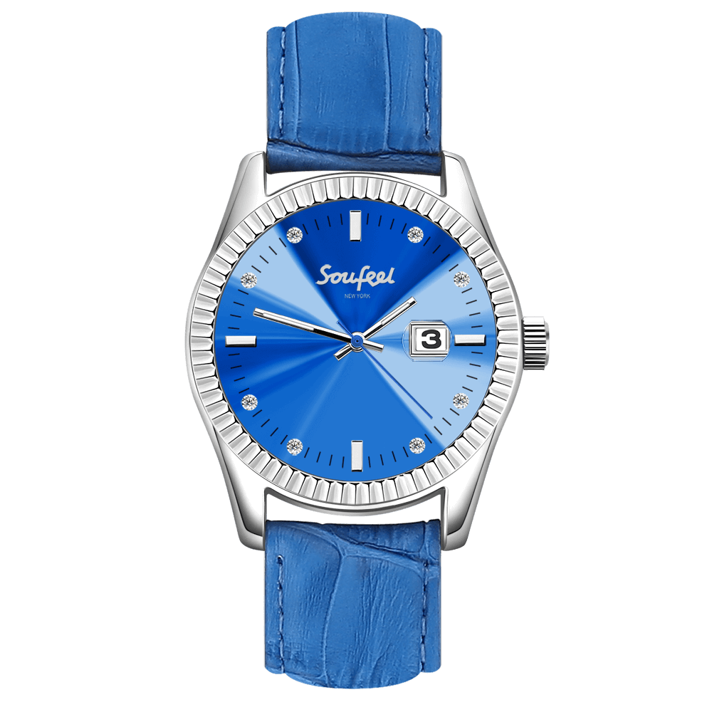 Soufeel Women's Swarovski Crystal Watch Blue Leather Strap 38.5mm - soufeelus