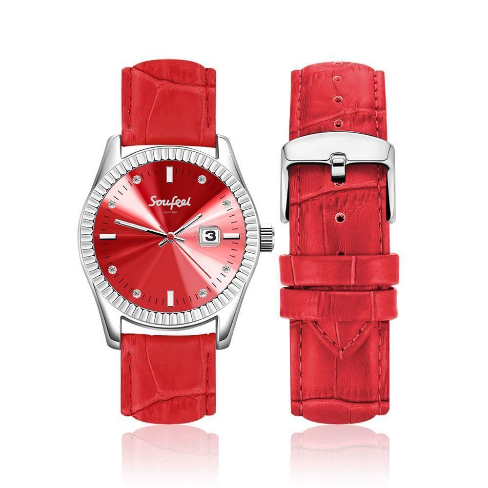 Soufeel Women's Swarovski Crystal Watch Red Leather Strap 38.5mm - soufeelus