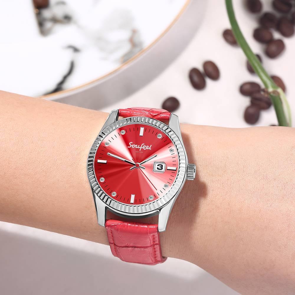 Soufeel Women's Swarovski Crystal Watch Red Leather Strap 38.5mm - soufeelus