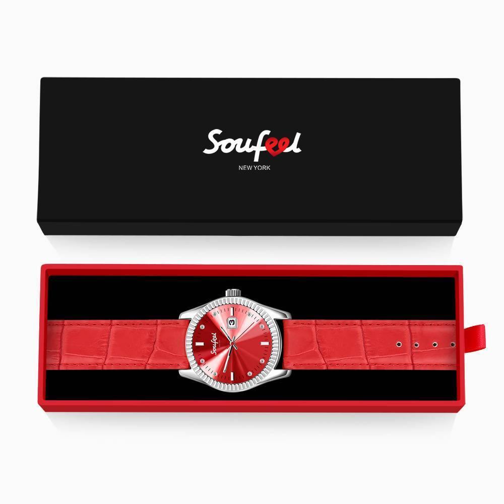 Soufeel Women's Swarovski Crystal Watch Red Leather Strap 38.5mm - soufeelus