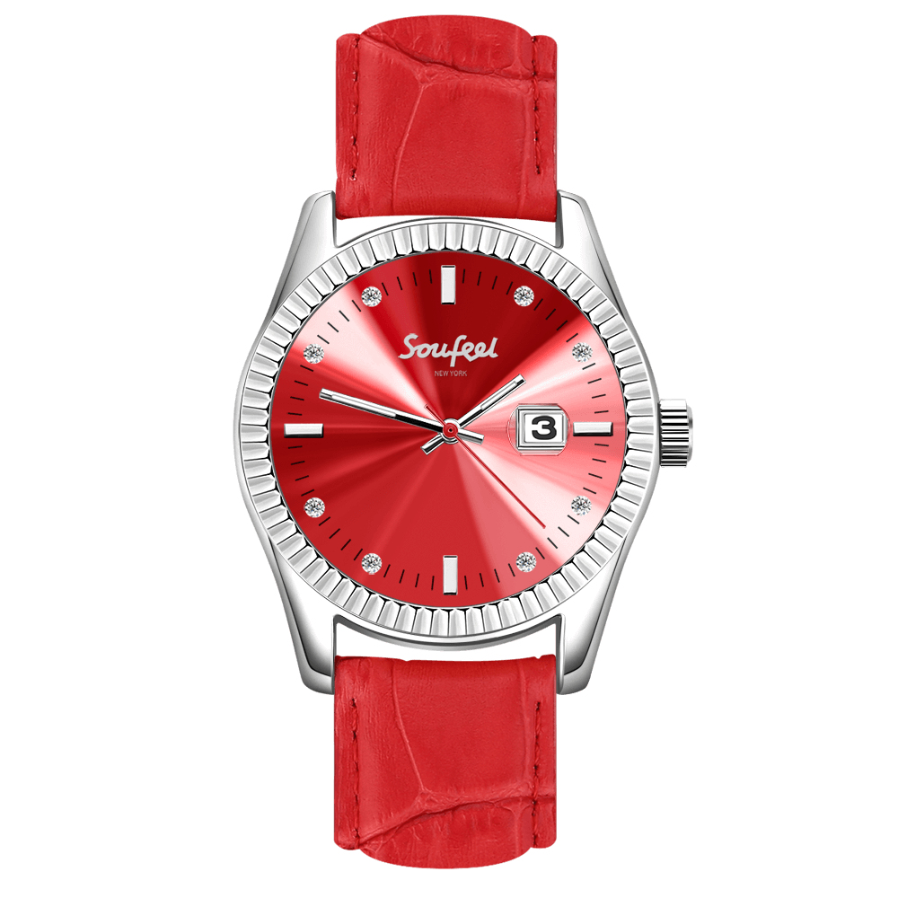 Soufeel Women's Swarovski Crystal Watch Red Leather Strap 38.5mm - soufeelus