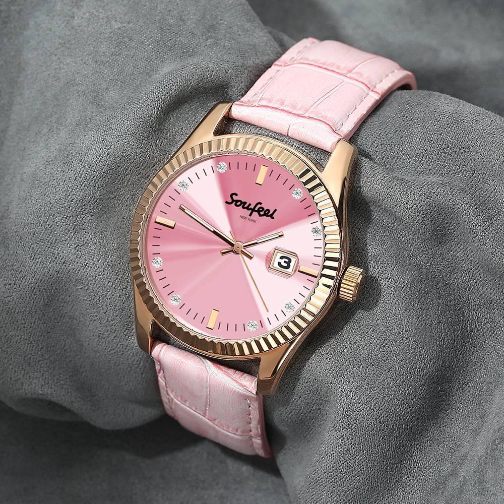 Soufeel Women's Swarovski Crystal Watch Pink Leather Strap 38.5mm - soufeelus
