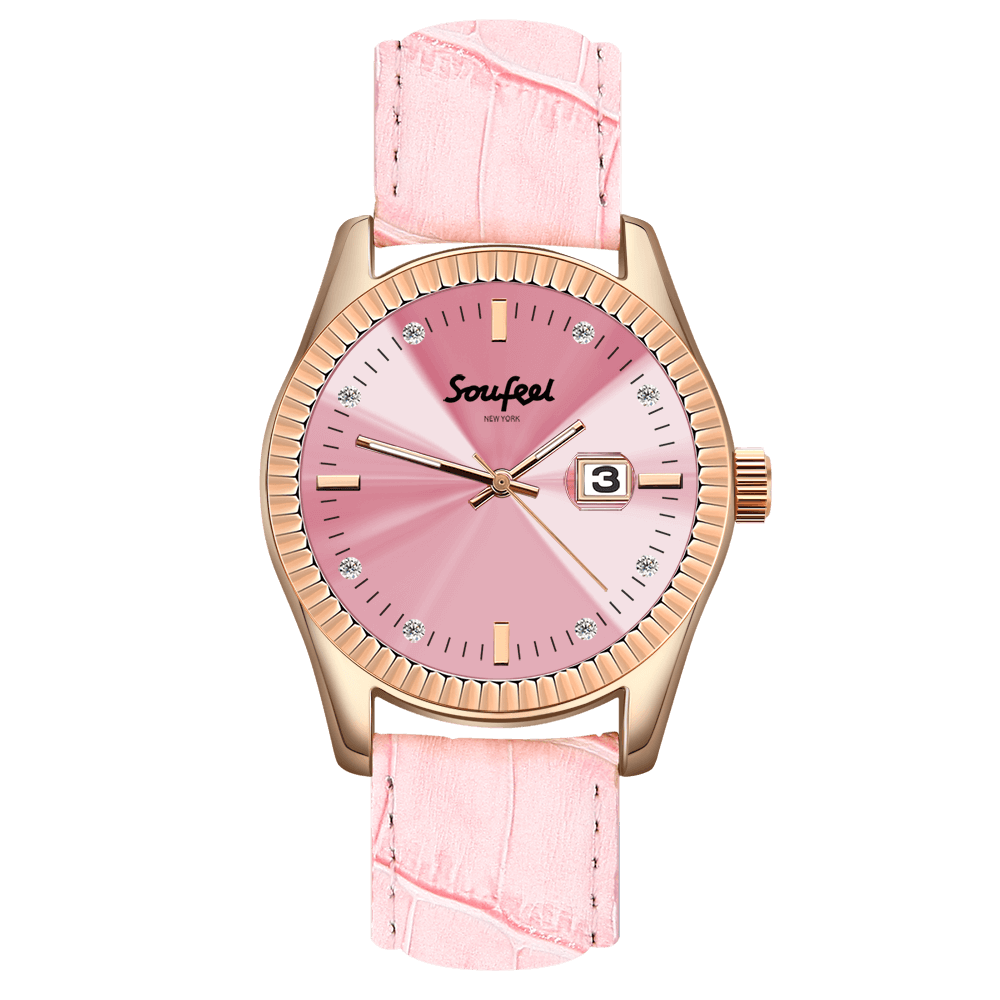 Soufeel Women's Swarovski Crystal Watch Pink Leather Strap 38.5mm - soufeelus