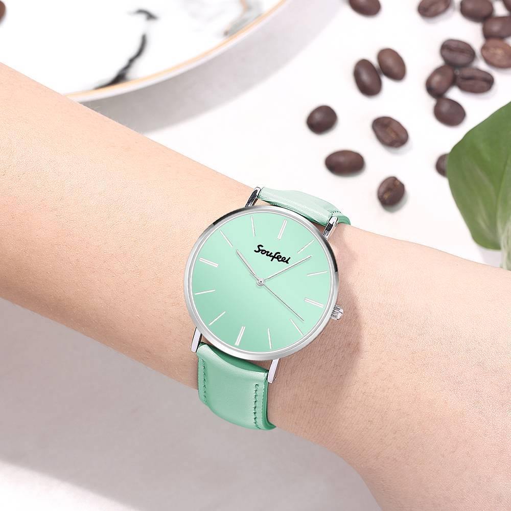 Soufeel Women's Classic Watch Light Green Leather Strap 36mm - soufeelus