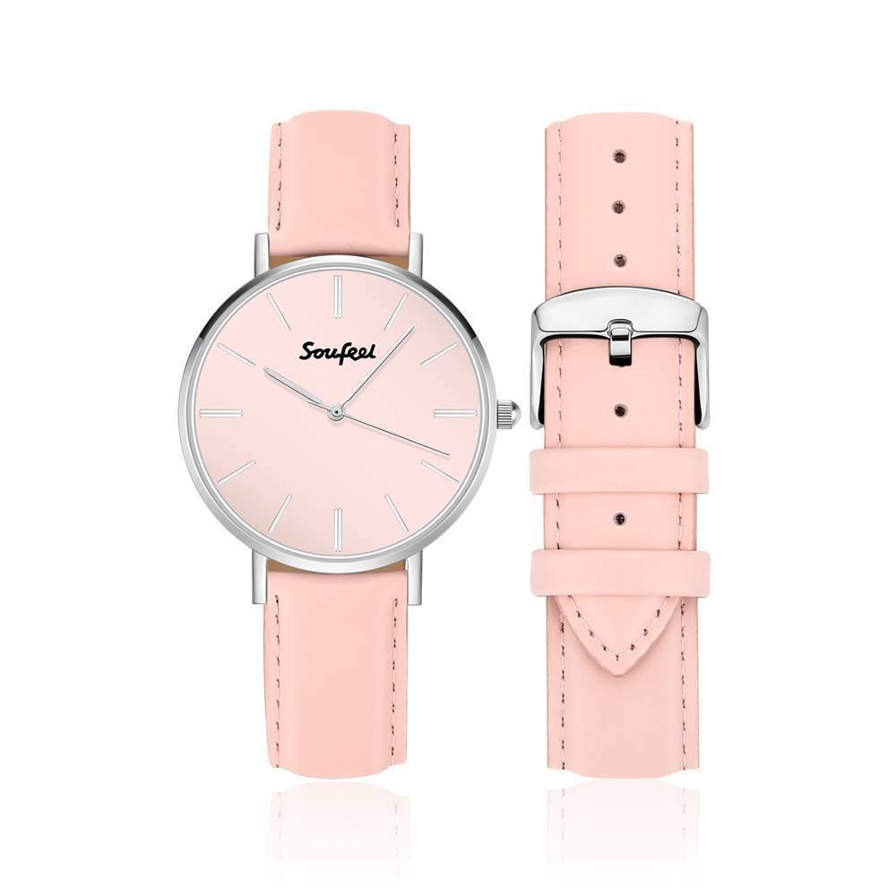 Soufeel Women's Classic Watch Pink Leather Strap 36mm - soufeelus