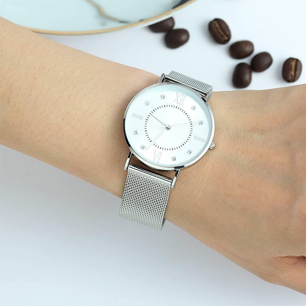 Mesh Bracelet Watch in Stainless Steel Silver and White - Women's - soufeelus