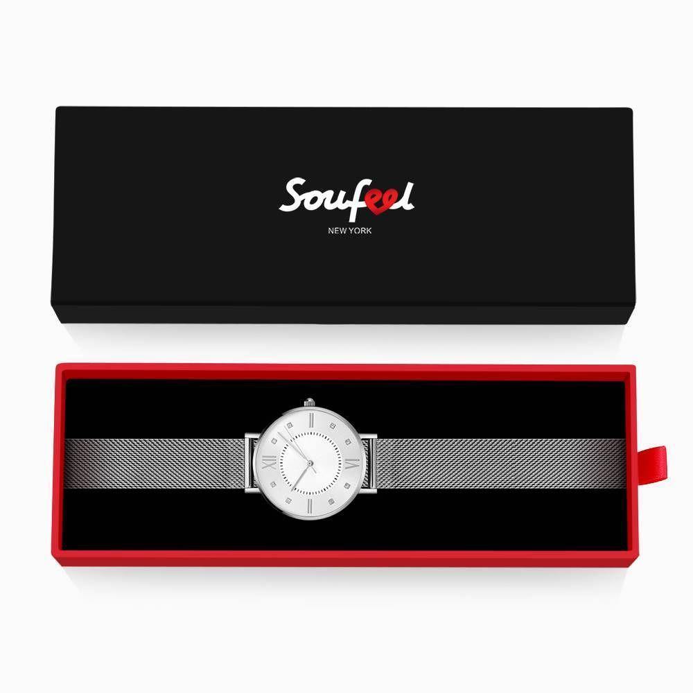 Mesh Bracelet Watch in Stainless Steel Silver and White - Women's - soufeelus