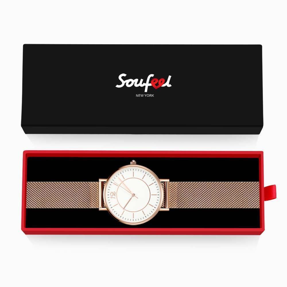 Mesh Bracelet Watch in Stainless Steel Rose Gold Strap and White Dial - Men's - soufeelus