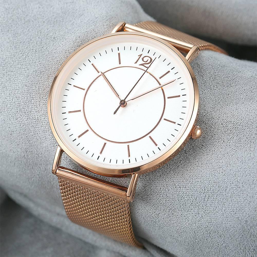 Mesh Bracelet Watch in Stainless Steel Rose Gold Strap and White Dial - Men's - soufeelus