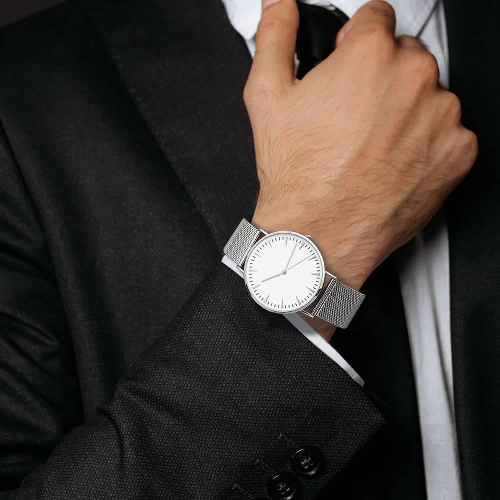 Mesh Bracelet Watch in Stainless Steel Silver Strap and White Dial - Men's - soufeelus