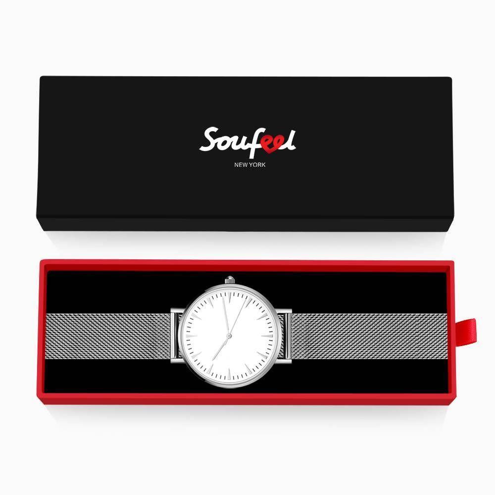 Mesh Bracelet Watch in Stainless Steel Silver Strap and White Dial - Men's - soufeelus