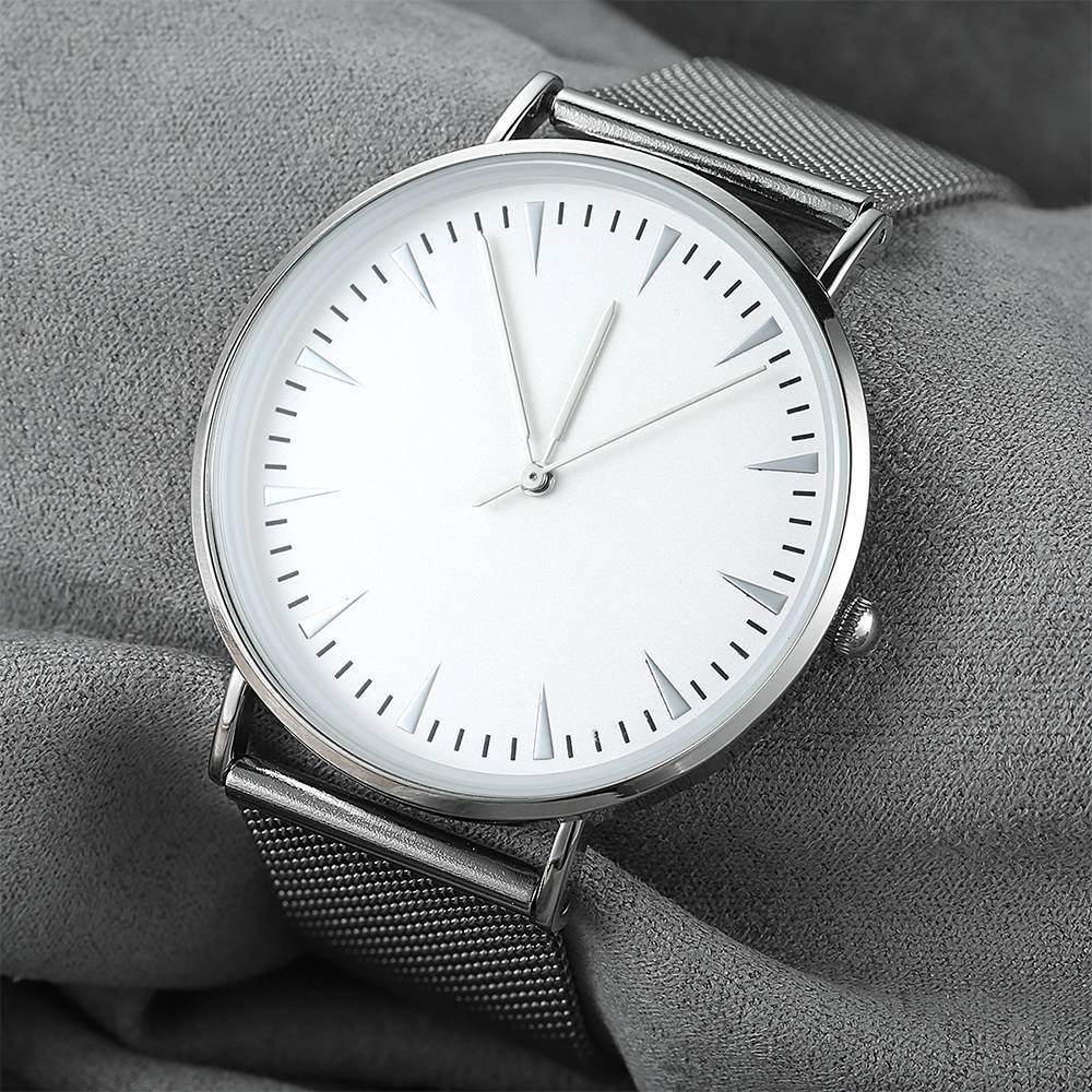 Mesh Bracelet Watch in Stainless Steel Silver Strap and White Dial - Men's - soufeelus