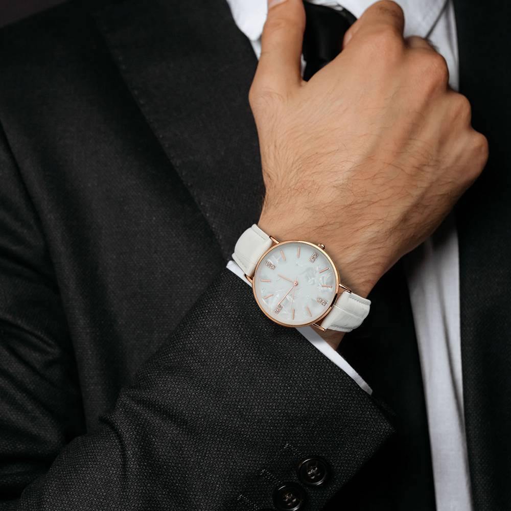 Fashion Marble Dial Watch White Leather Strap - Men's - soufeelus