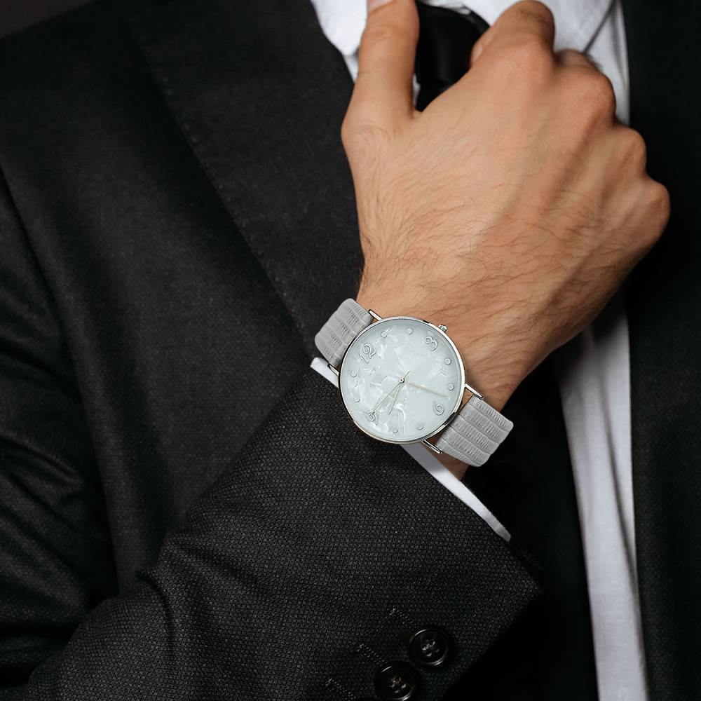 Casual Marble Dial Watch Grey Leather Strap - Men's - soufeelus