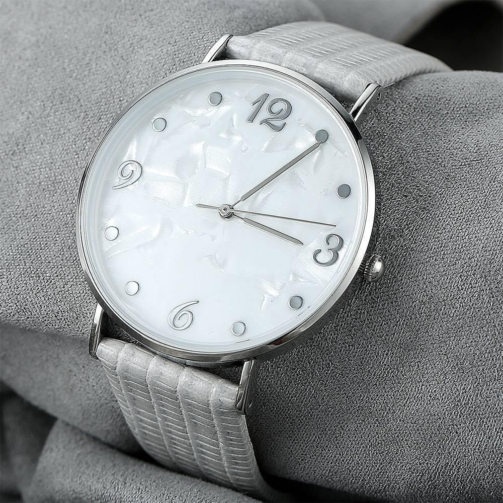 Casual Marble Dial Watch Grey Leather Strap - Women's - soufeelus