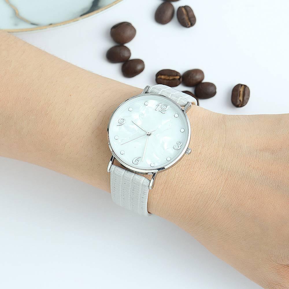 Casual Marble Dial Watch Grey Leather Strap - Women's - soufeelus