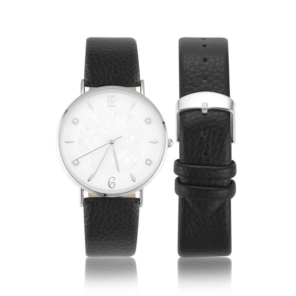 Marble Dial Watch Black Leather Strap - Women's - soufeelus