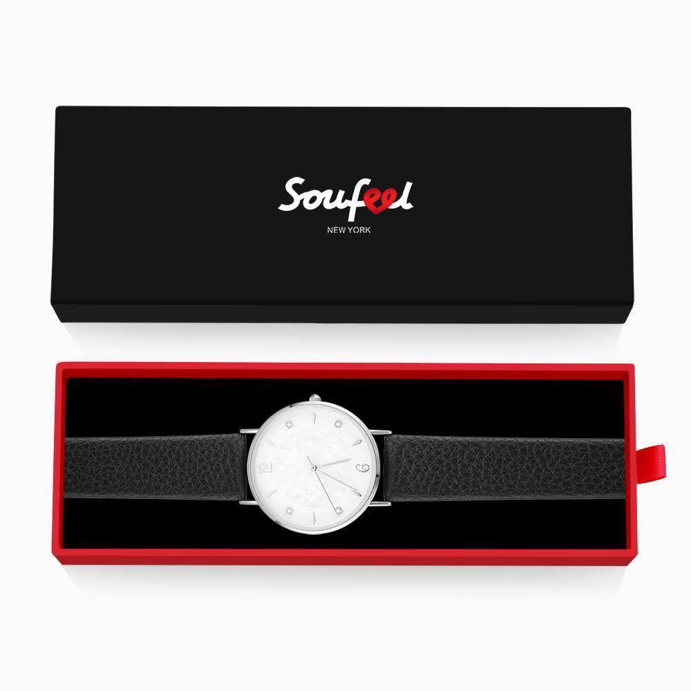 Marble Dial Watch Black Leather Strap - Women's - soufeelus