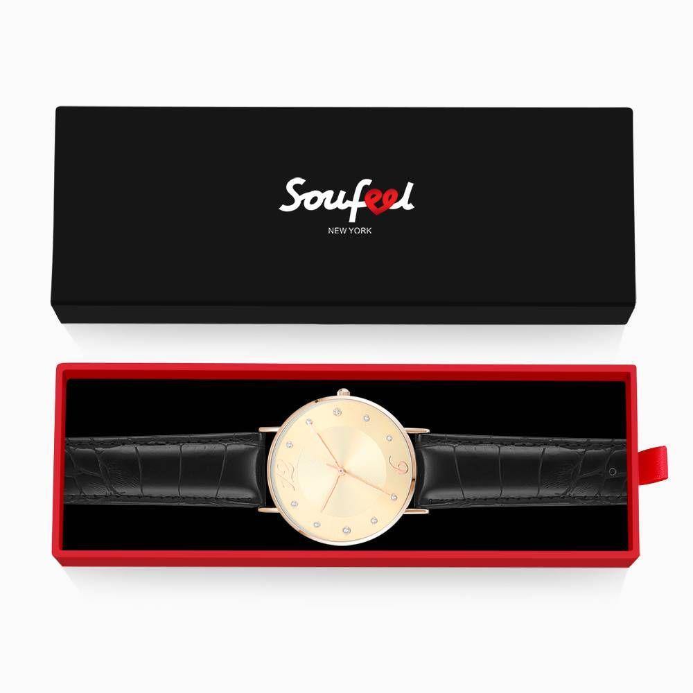 Golden Dial Watch Fashion Quartz Black Leather Strap - Men's - soufeelus