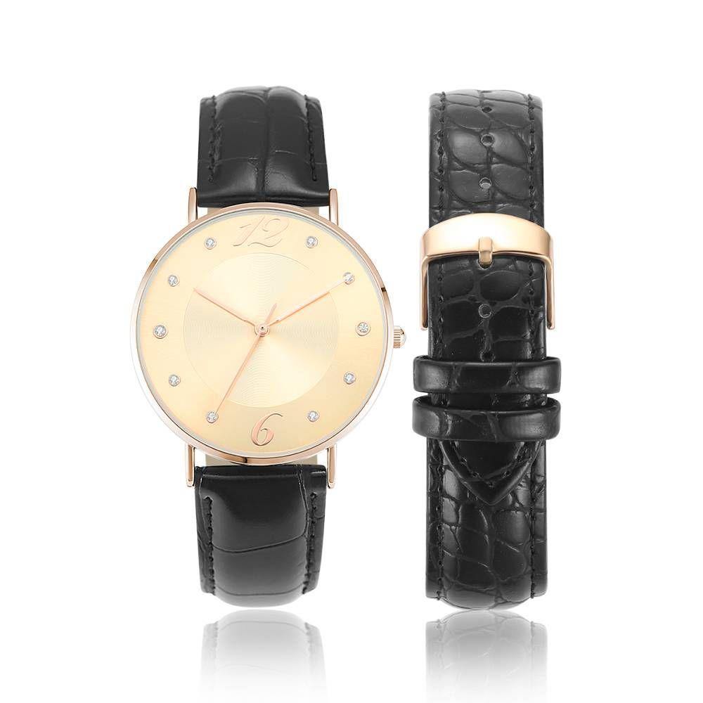 Golden Dial Watch Fashion Quartz Black Leather Strap - Women's - soufeelus