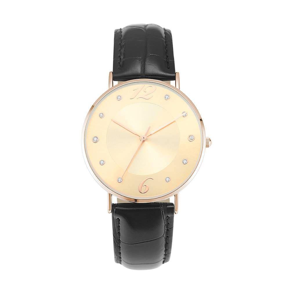 Golden Dial Watch Fashion Quartz Black Leather Strap - Women's - soufeelus