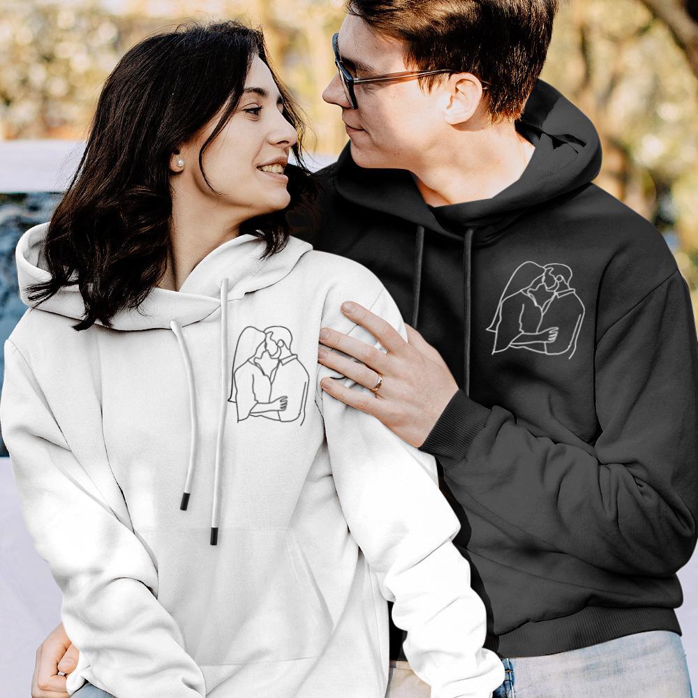 Custom Embroidered Pocket Portrait From Photo Outline Photo Sweatshirt Custom Photo Couple Hoodie Gift For Bf - soufeelmy