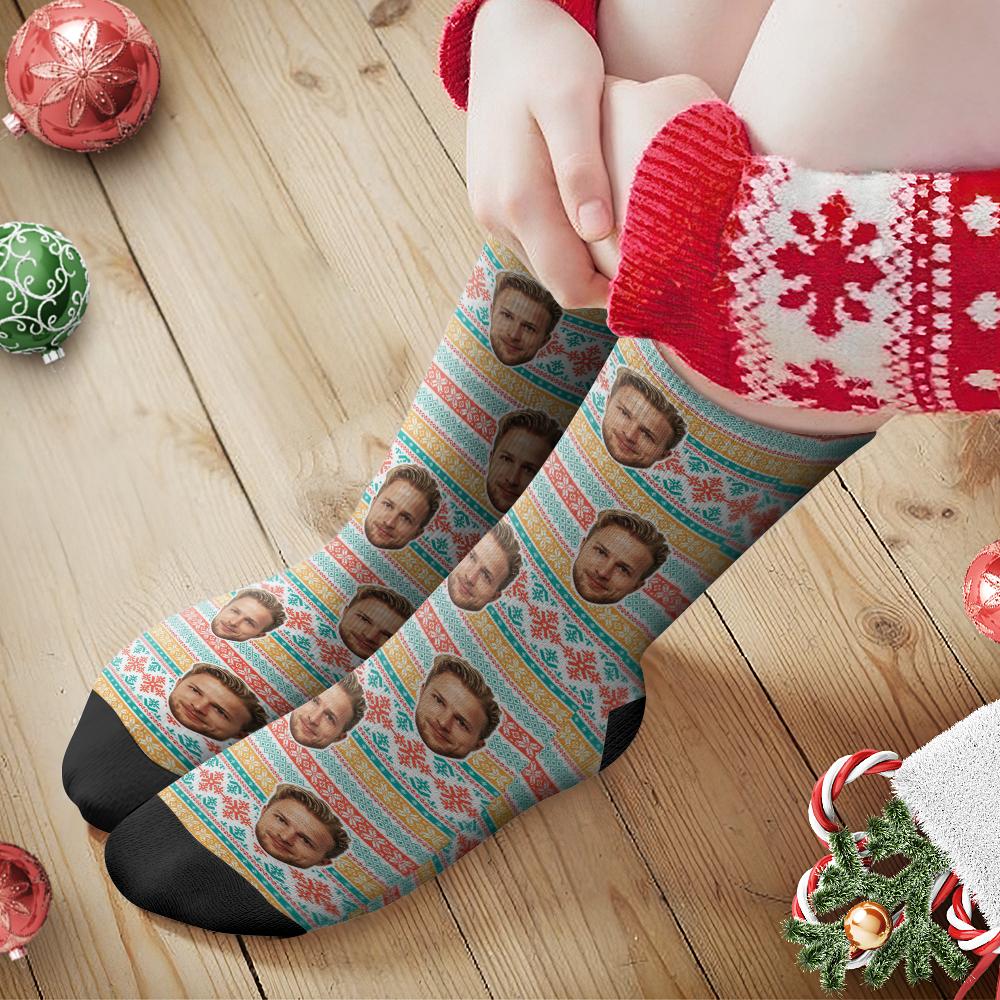 Custom Face Socks Personalized Photo Socks Christmas Gift Santa Socks - Snowflake Pattern