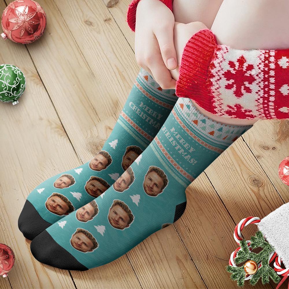 Custom Face Socks Personalized Photo Socks Christmas Gift Green Santa Socks - Elk