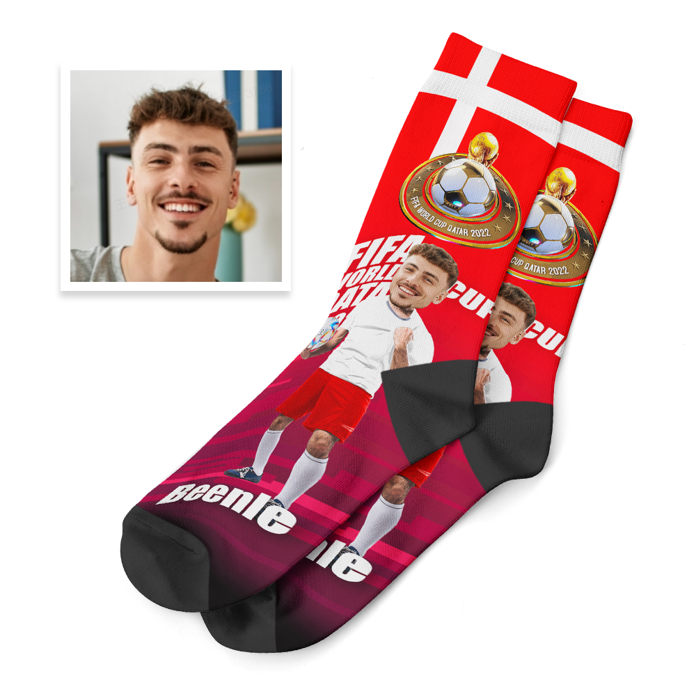 Custom Face World Cup 2022 Socks Add Photo and Text Socks - Denmark - soufeelmy