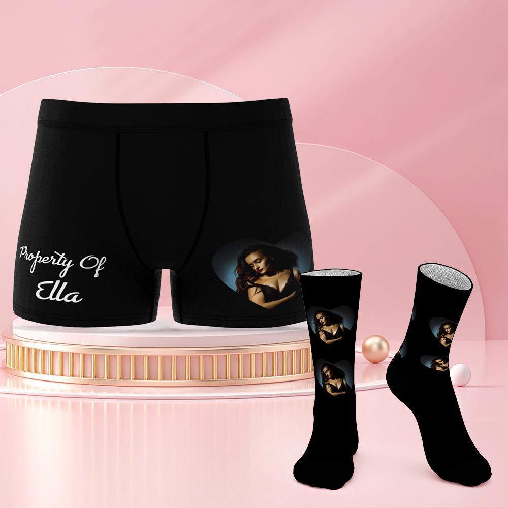Custom Face Photo Engraving Underwear and Socks Set Love Heart Boxer Shorts Valentine's Day - soufeelmy