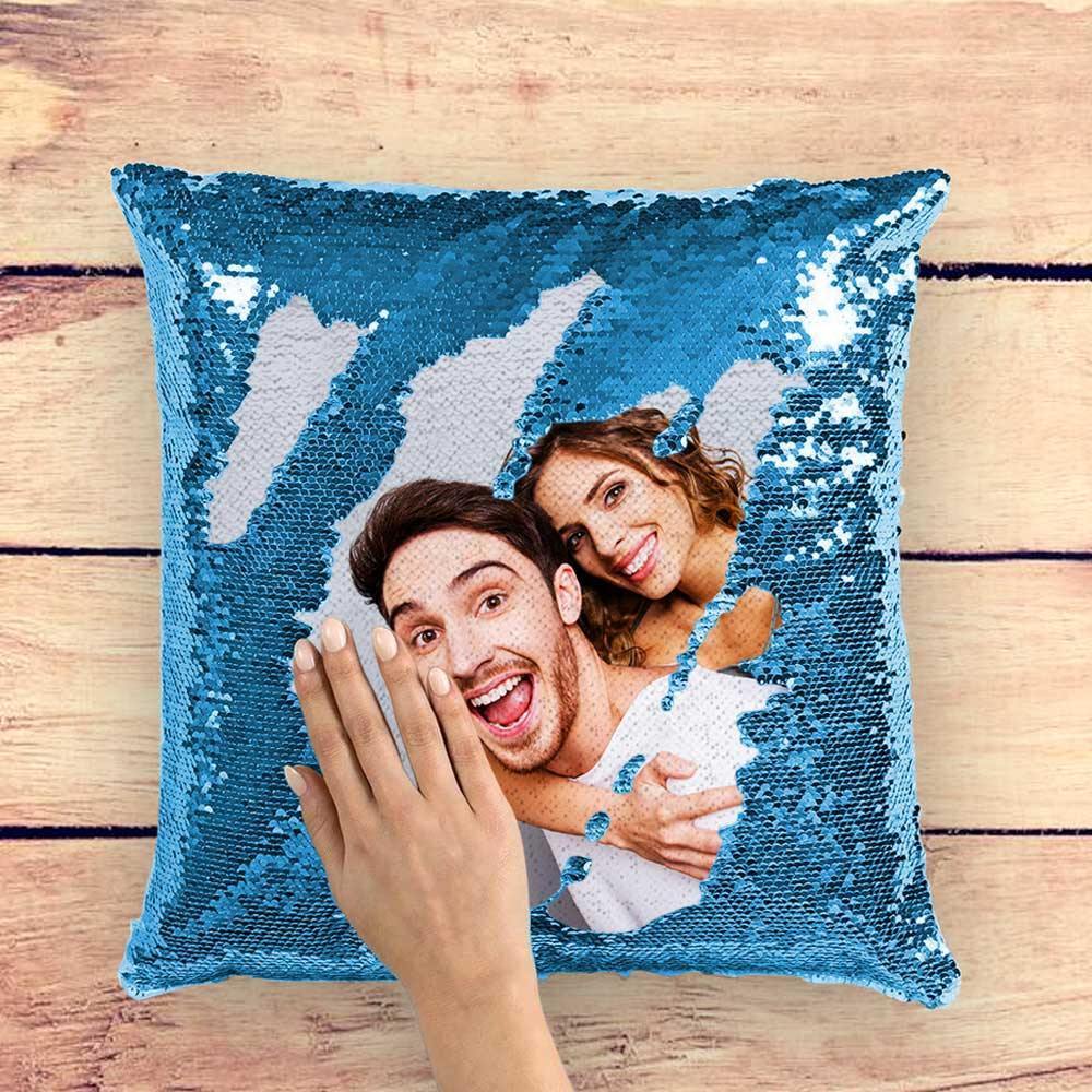 Custom Photo Magic Sequins Pillow Lake Blue Color Shiny 15.75 * 15.75 Unique Gifts - soufeelmy