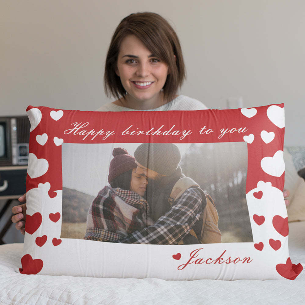 Custom Photo Name Pillow Personalized Love Heart Rectangle Pillowcase Housewarming Gifts for Couples - soufeelmy