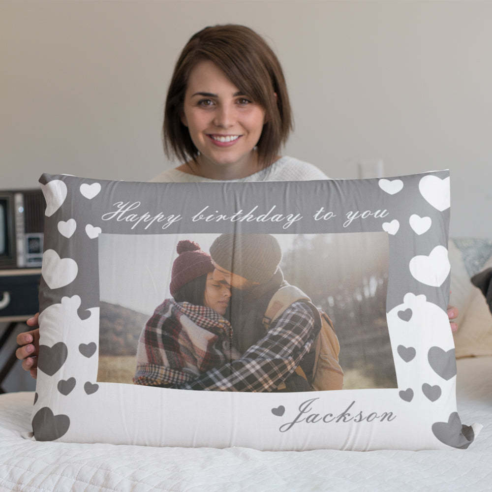 Custom Photo Name Pillow Personalized Love Heart Rectangle Pillowcase Housewarming Gifts for Couples - soufeelmy