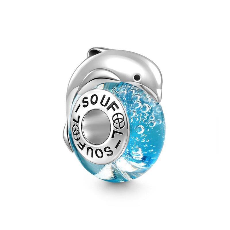 Jumping Dolphin Core Charm Murano Glass Silver -