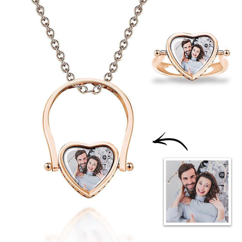 Photo Necklace, Photo Ring Heart-shaped Couple's Gifts Dual-use (Ring Size 5#) Silver - soufeelus