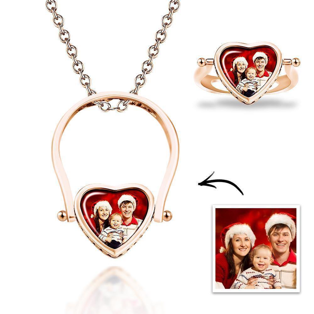 Photo Necklace, Photo Ring Gifts Dual-use (Ring Size 7#) Rose Gold Plated Silver - soufeelus