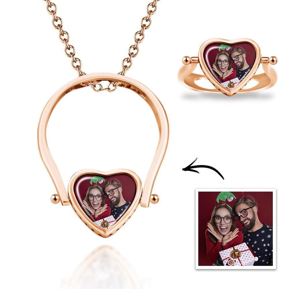 Photo Necklace, Photo Ring Couple's Gifts Dual-use (Ring Size 8#) Silver - soufeelus