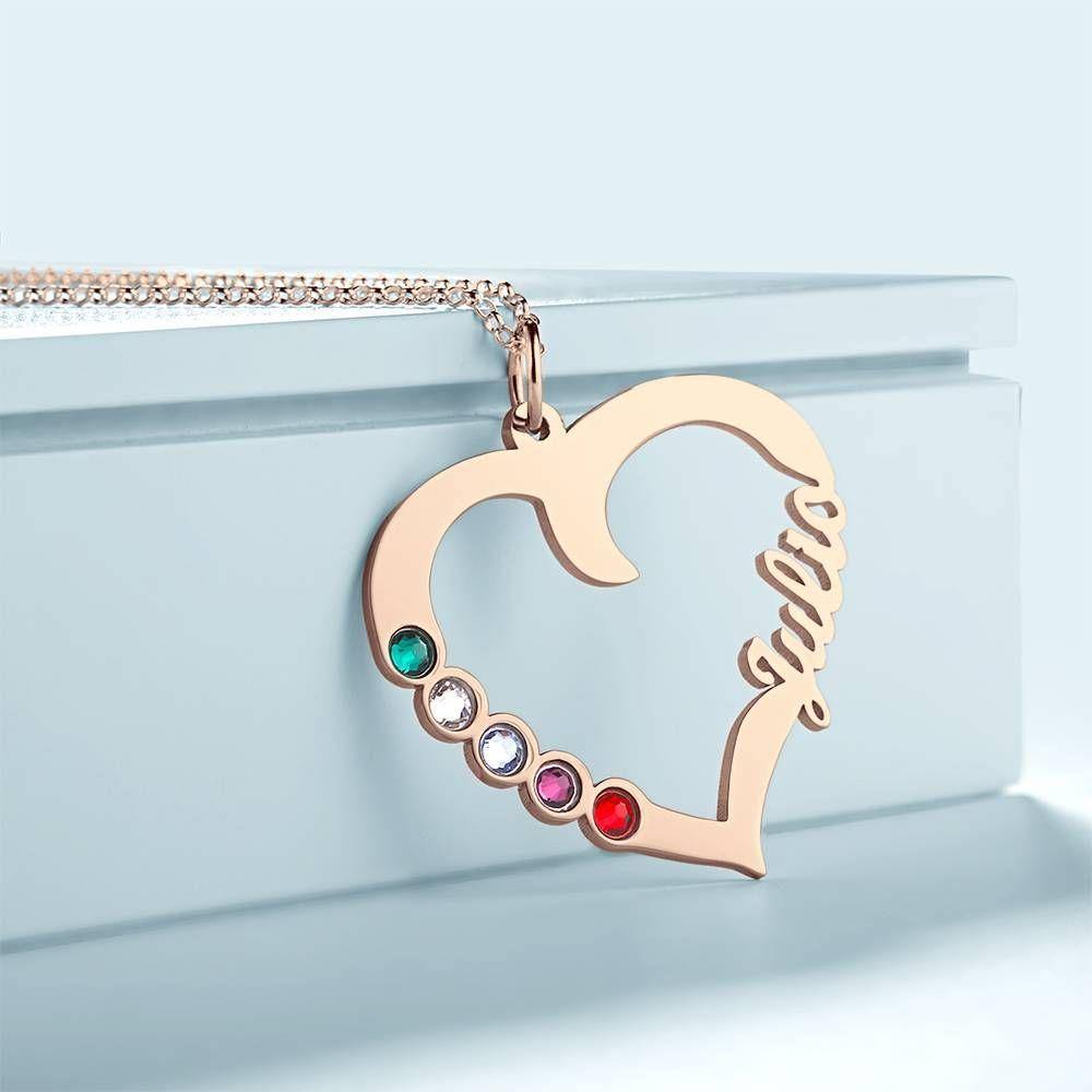 Name Necklace with Five Birthstones Rose Gold Plated - Silver - 