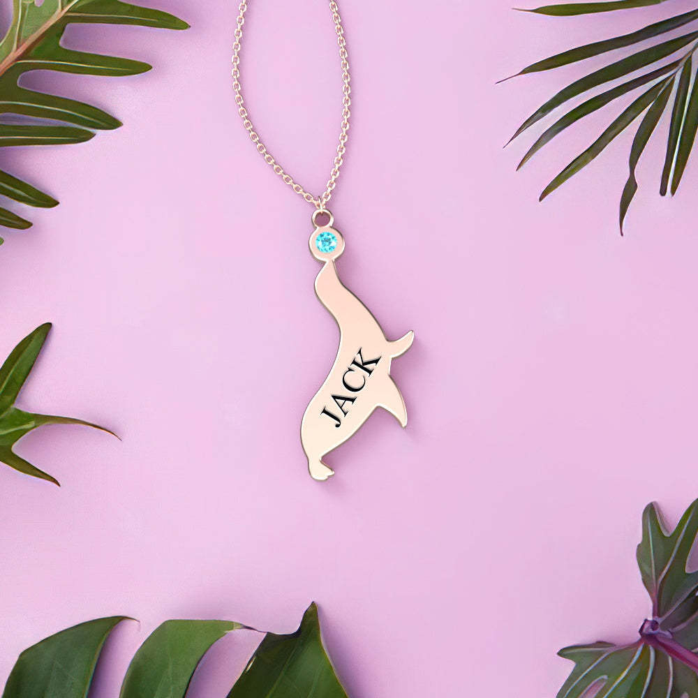 Personalized Engraved Necklace with Birthstone Dolphin Necklace for Little Girl - 